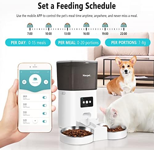 Mavpet 6L alimentador automático de gatos, dispensador de alimentos secos de WiFi Smart 2.4g, alimentador de animais destacável com duas tigelas de aço inoxidável e divisor de refeições, controle de aplicativos, gravação de voz 10s, até 15 refeições por dia