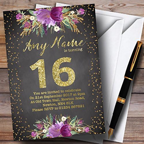 Chalk aquarela em ouro roxo 16º convites de festa de aniversário personalizados