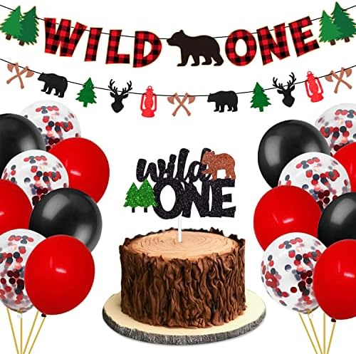 Wild 1st One One Birthday Decorations Party Pack - Inclui Banner de Buffalo Buffalo Buffalo Glitter - Balões - Winter Bear Woodland Camping Hunting Lumberjack Churcha com tema de bebê Boldy Party Supplies