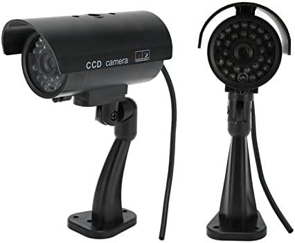 Câmera falsa, câmera de segurança fictícia, câmera de vigilância simulada de CCTV falsa com luz vermelha realista e adesivo de aviso para externo interno
