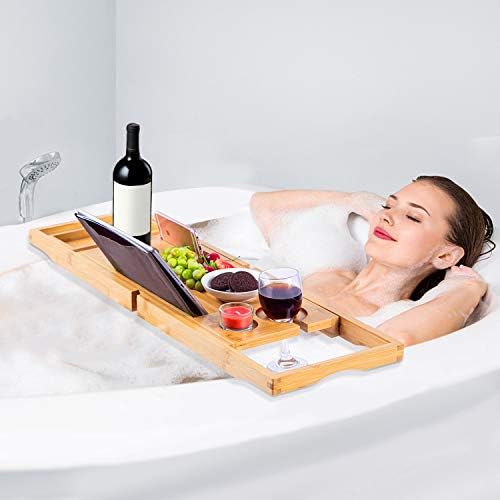 Bandeja de banheira de bambu vaefae, bandeja de banho expansível para banheira com slots de vinho atualizados e suporte