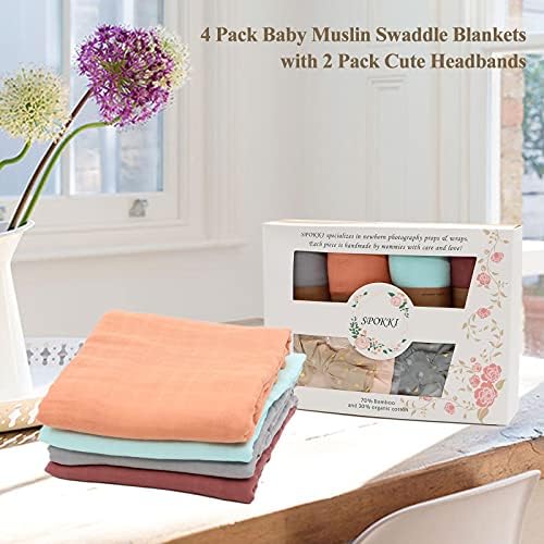 Spokki 6 pacotes kit de cobertores de musselina de bebê, bandos de bambu longos de 47 recém -nascidos e bandana de algodão