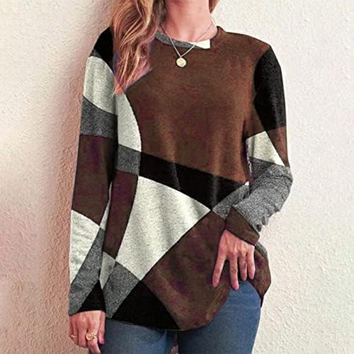 Sweater de manga comprida redonda casual para mulheres, moletons com estampas geométricas caem camisas de blusa de pulôver solta