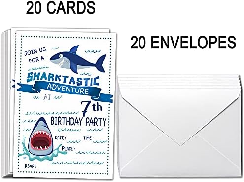 UKEBOBO 7º aniversário de festa de aniversário com envelopes-convites de festa de aniversário de tubarão, decorações de