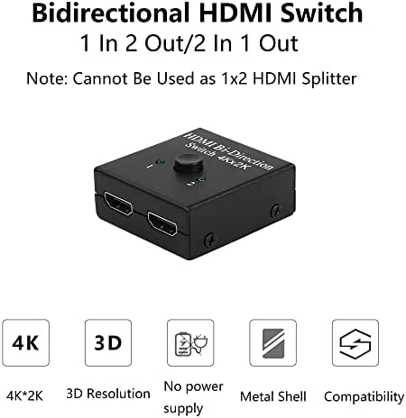 Gelrhonr HDMI Switcher, 4K HDMI Splitter 2 Portas Manual de bidirecção Switch 2 x 1/1 x 2 HDMI Passagem, nenhuma energia