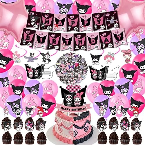118 PCs Kawaii Birthday Party fornece decorações de aniversário Kuromi, incluindo banner de aniversário, redemoinho, capota de bolo, tampo de cupcakes, balão, cartão de convite, adesivos, para meninas e meninos.