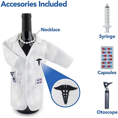Presentes de vinho de casaco branco para mulheres Médicas - Sacala de vinhos de feltro com otoscópio, seringa, cápsulas, colar, médicos