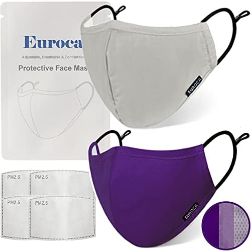Máscara de pano de pano EUROCA 3 camadas laváveis ​​respiráveis ​​reutilizáveis ​​ajustáveis ​​com bolso de filtro para adultos