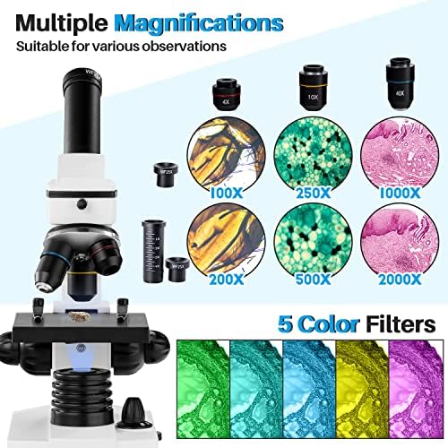 Microscópio Maxlapter para Adultos Crianças Estudantes 100-2000x Microscópios Educacionais Biológicos poderosos com acessórios de operação, Slides Set, adaptador de telefone, obturador e mochila de arame