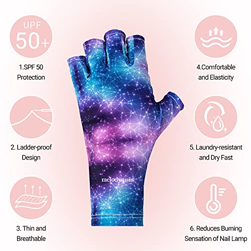 Melodysusie UV luvas para unhas, luvas de lâmpada UV para proteção de manicures, luvas de manicure em gel de noite estrelada, luvas de escudo UV sem dedos da pele de unhas