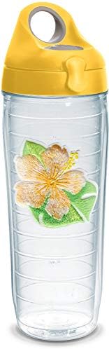 Tervis 1341558 Island Hibiscus Isolle Tumbler com emblema e tampa amarela, garrafa de água de 24 onças, transparente