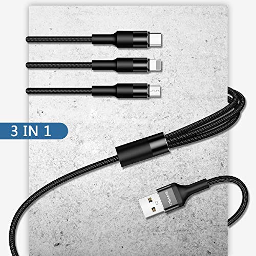 [2 pacote] Cabo de carregamento múltiplo, Yousams 3 em 1 Nylon trançado Cabo Multi USB Cabo múltiplo de carregamento rápido compatível com a maioria dos smartphones e almofadas - 5ft/ preto