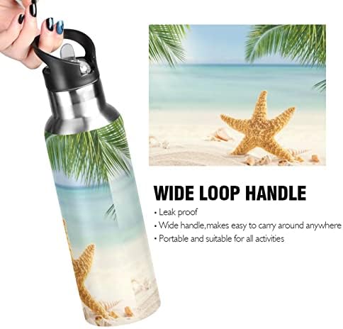 Oarencol Starfish Seashell Palm Water Bottle Beach Beach Sandy Stainless Acelers Isolle Thermons com tampa de palha 20 oz