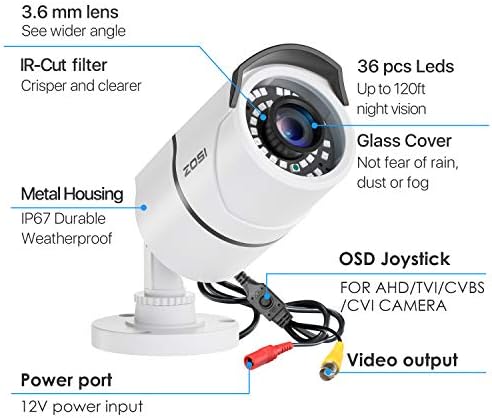 Zosi 4 pacote 2,0mp HD 1080p 1920tvl Câmera de segurança externa interna, 36pcs LEDs, visão noturna de 120 pés, câmera