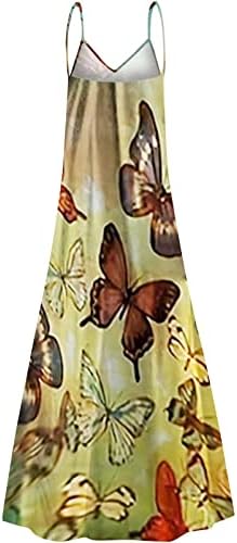 Vestidos de verão femininos vestido maxi estampado de borboleta para mulheres V Spaghetti Strap casual Long Long Sundress