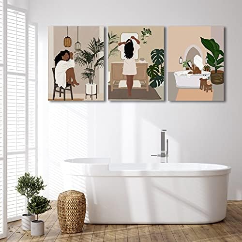 Mulher afro -americana emoldurada Arte da parede de parede Mulheres negras relaxam e aproveitam o tempo abstrato da decoração de pôster de moda boho para o quarto da sala do quarto banheiro
