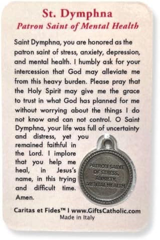 Cartão de Oração Católico de St Dymphna com Medalha de São Dymphna - Tamanho da carteira Devocional para ansiedade e depressão,