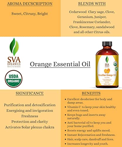 Óleo de laranja orgânica SVA doce brasileiro 4 oz puro natural não diluído Premium terapêutico de grau de grau para pele, rosto,