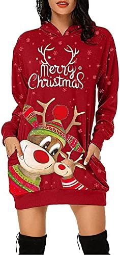 Vestidos de túnica feliz de Natal para mulheres feias de rena de natal Snowflake Hoodies vestido com bolso