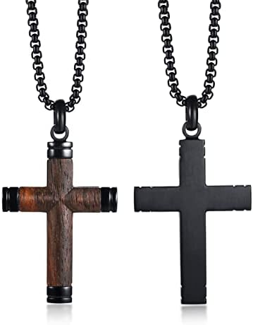 ROPARTMAN Colar de madeira cruzada para homens, 【【【Pingente de madeira de aço inoxidável cristão de madeira de aço inoxidável