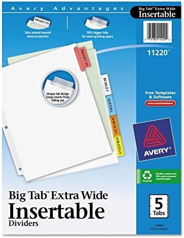 Avery 11220 Divisores inseríveis extra, 11 polegadas, 5 polegadas, 5tab, Multi/WE Paper