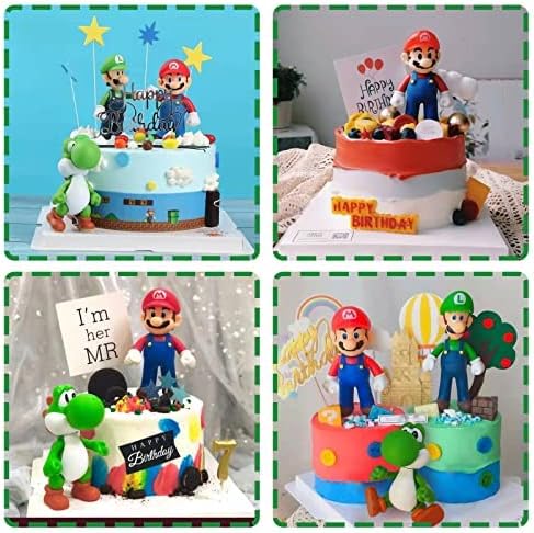 Hionwudo Mario Bros Figuras de ação de 5 polegadas Yoshi Mario Luigi Toppers de bolo de cartoon Coleção de temas Playset Toys Presentes de aniversário para garotos crianças 3pcs, cabeça e mão giradas 360 °