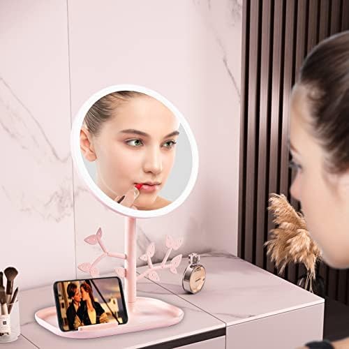 Espelho de maquiagem portátil com luzes para menina adolescente jovem ， espelho de vaidade iluminada recarregável com suporte de telefone e armazenamento de jóias 3 modos de iluminação colorida espelho de beleza cosmética com controle de toque