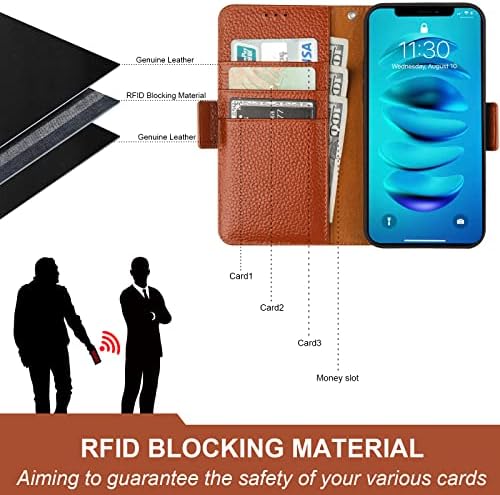 Caixa da carteira boca para iPhone 14 5G, couro genuíno suporta o suporte sem fio RFID Bloqueio de capa de capa de capa,
