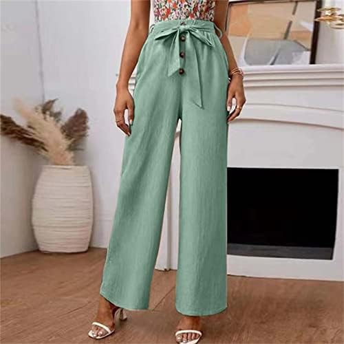 Wybaxz 2023 calça palazzo de verão para mulheres calças de linho de algodão liso para mulheres cintura elástica Mulheres calças largas de perna larga casual