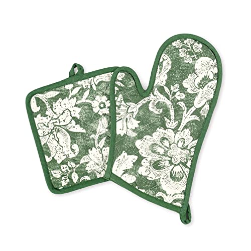 Dominoterie verde Bold Floral Print Pote e luva, acessório de cozinha, algodão