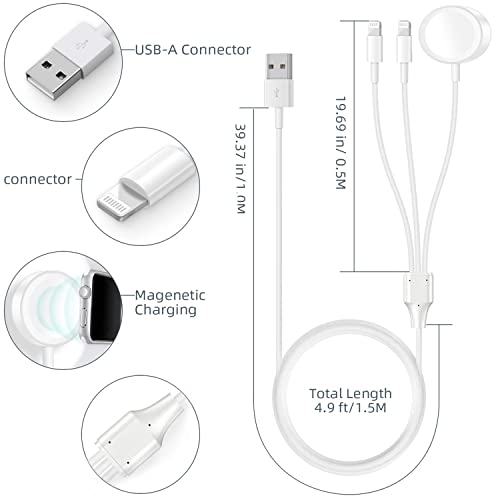3 em 1 Cabo de carregador para Apple Watch/iPhone/AirPods, Magnetic Wireless Relógio Charging Charger Cord para Apple Watch Series 7/6/5/4/3/3/Se & iphone 14/13/12/11/pro/max/ XR/XS/X/AirPods & Pad Series
