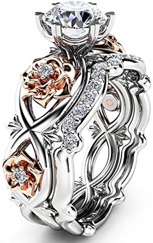 Conjunto de noivado Mulheres brancas rosa casamento anel de prata de ouro floral arquivado anéis correspondentes dinossauros