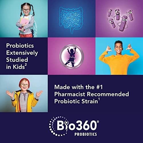 BIO360 Crianças probióticas, probióticos direcionados para crianças, saúde integral, 5 bilhões de tensões da CFU 10, sabor misto de bagas mastigáveis, pacote de bolhas estáveis, 30 suplementos veganos