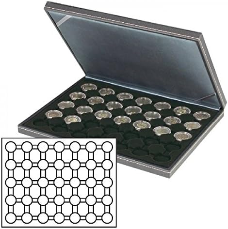 Lindner 2364-2530CE nera M Coin Case com uma inserção preta com 35 compartimentos. Adequado para moedas ou cápsulas de moedas com Ø de 32 mm, p. Para 2 moedas de euros em cápsulas de moedas.