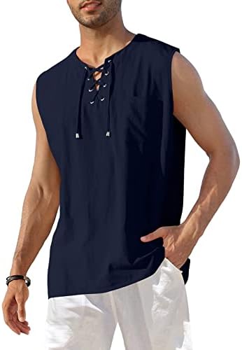 Camisetas de tanque de linho de algodão masculino, renda sem mangas casuais na praia hippie tops bohemian renascentista