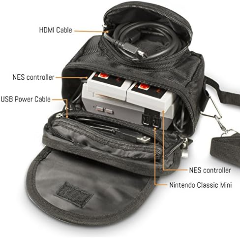 Orzly® Travel & Storage Bag para Nintendo NES Classic Edition - se encaixa no console + cabo + 2 controladores - inclui alça de ombro + alça de transporte - preto