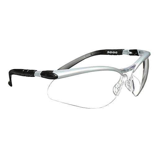 Óculos de segurança BX 3M, 20 pares, ANSI Z87, lente transparente anti-arranhão anti-capa, estrutura prateada/preta, templos de comprimento ajustável e ângulo de lente