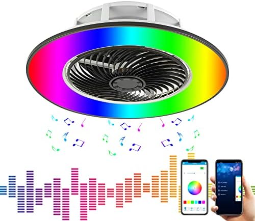 Ventilador de teto sem lâminas Jayyou sem lâmina com ventilador de teto de montagem de descarga de baixo nível e um alto -falante remoto de bluetooth, RGB LED Moderno fechado preto fãs de teto com luzes para o quarto do quarto