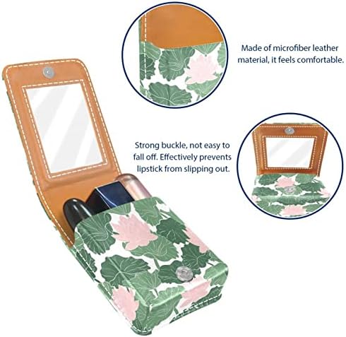 Mini estojo de batom com espelho para bolsa, lótus de lótus Folhas de couro para o porta