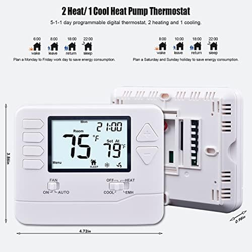 HEAGSTAT H725 Termostato de bomba de calor programável 2 calor/1 frio, com exibição de 4,5 m²