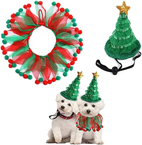 Capata de colarinho de cão de Natal Costume de gato 1 PCS Collar verde vermelho com 1 PCS Green Santa Hat de Xmas Treça Cardado para Decoração de Pets de Natal Vestido de férias