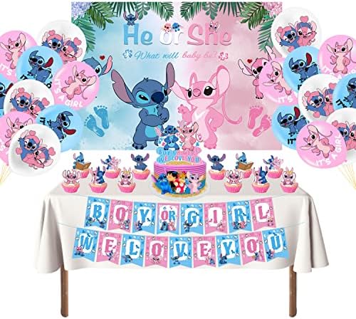 Cartoon azul rosa tema com gênero revelam meninos garotas de verão aloha luau decorações de festas de aniversário, incluindo cenário de 6x4 pés, banner, balões de 18pcs, topper de bolo e toppers de cupake de 24pcs