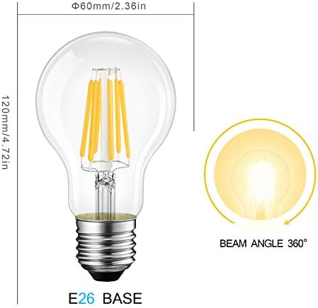Lâmpadas de Edison Led aogolo, lâmpadas de 2700k brancas macias, 6-pacote, equivalente a 40 watts, lâmpadas de filamento, luz LED decorativa A19, 5W, 500lm, vidro advertível, transparente, e26 base