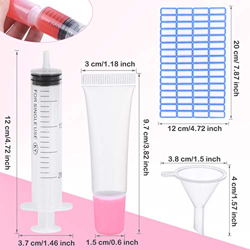 Aerroll 50pcs 15 ml Tubos de brilho labial com tampa rosa vazia, tubos de aperto cosmético macios com etiquetas adesivos+seringa+funil,