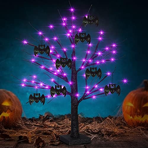 Árvore de Halloween de 2 pés de 2 pés com 48 luzes roxas LEDs, árvore assustadora preta e preta com 8 pingentes de morcego, timer de 6 horas, ornamentos de Halloween operados por bateria para decoração de mesa interna externa