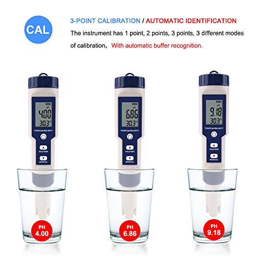 Meichoon 5 em 1 TDS/EC/pH/salinidade/medidor de temperatura Testador de monitor de qualidade de água digital para hidroponia/aquários/piscinas/água potável dh12