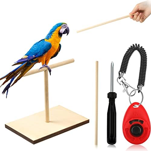 CUNNO 3 PCS Kit de treinamento de pássaros, Treinamento de papagaio Clicker portátil Combatão Bird Pold e Stick Stick, Treinamento de Wooden Spin Clickers com pulseira de pulso para periquito conre pombird cockatiel