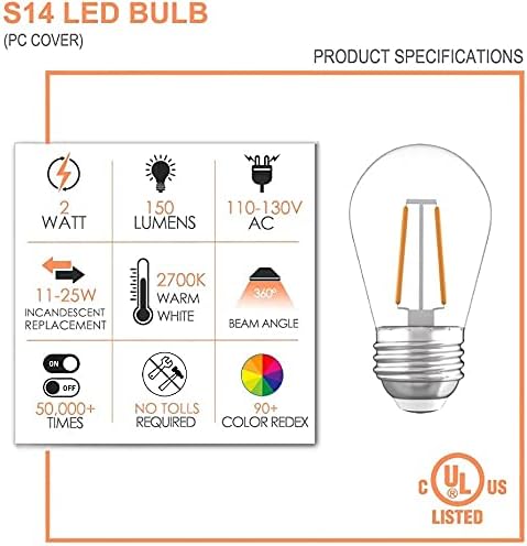 Bulbos LED de LED de 15 pacote de 15 pacote de pacote para luzes de cordas externas, lâmpada LED de 2 watts à prova de