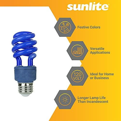 Sunlite 41313-Su CFL Spiral Colored Bulb, 13 watts, Base média, 8.000 horas de vida útil, UL listado, azul