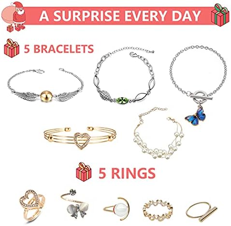 Calendário de advento de jóias femininas 2022 Natal, colar de bracelete de moda Brincos de anel, férias de contagem regressiva